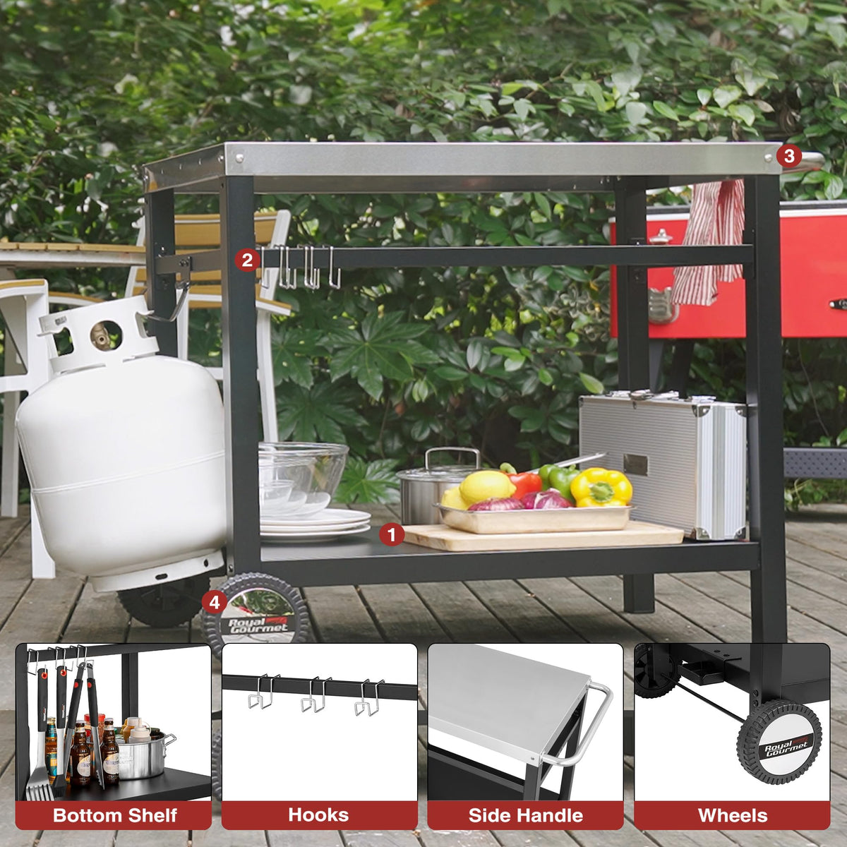 Royal Gourmet dining cart table sturdy base stays steady on uneven ground.