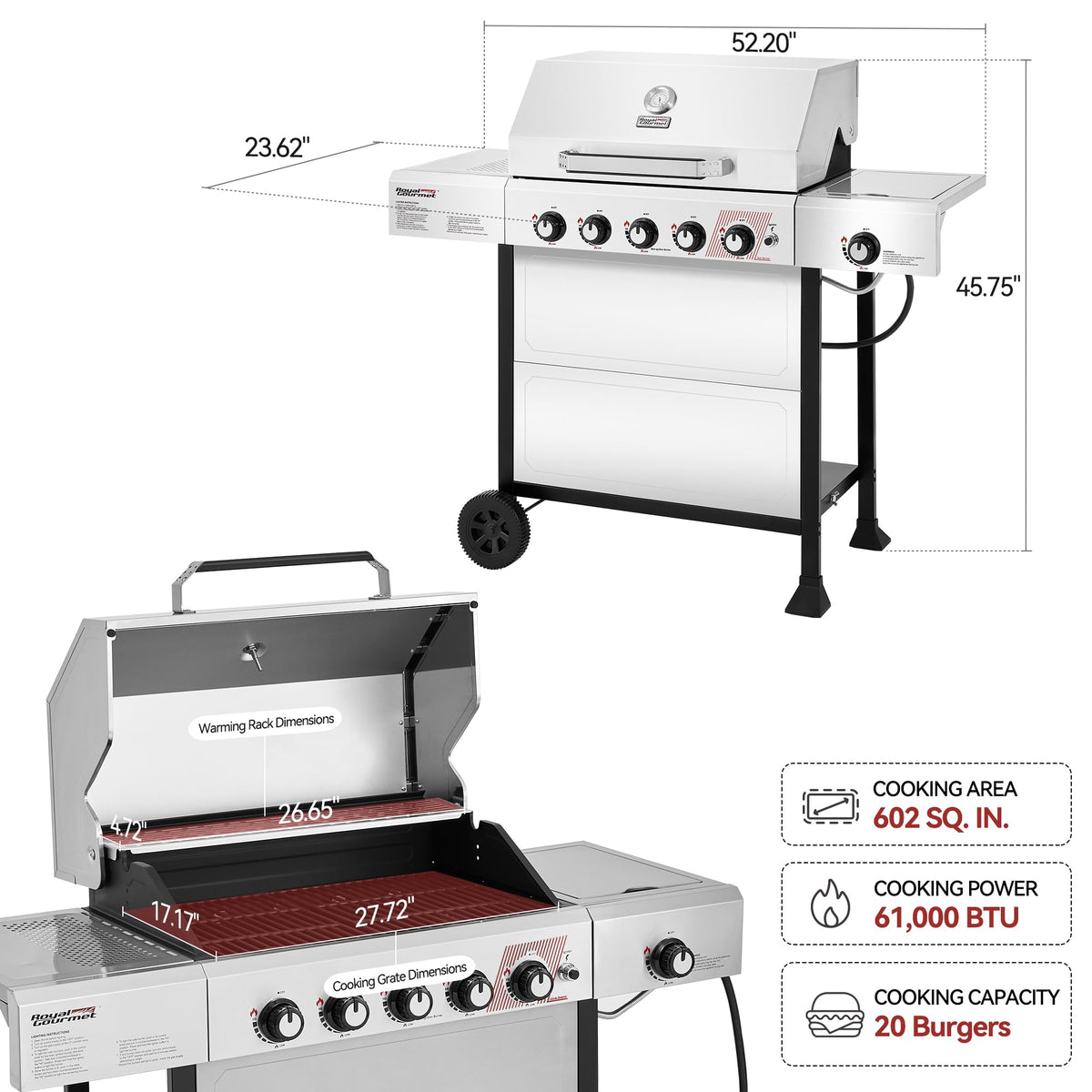 Royal Gourmet GA5401T main burners provide steady cooking power for grilled favorites