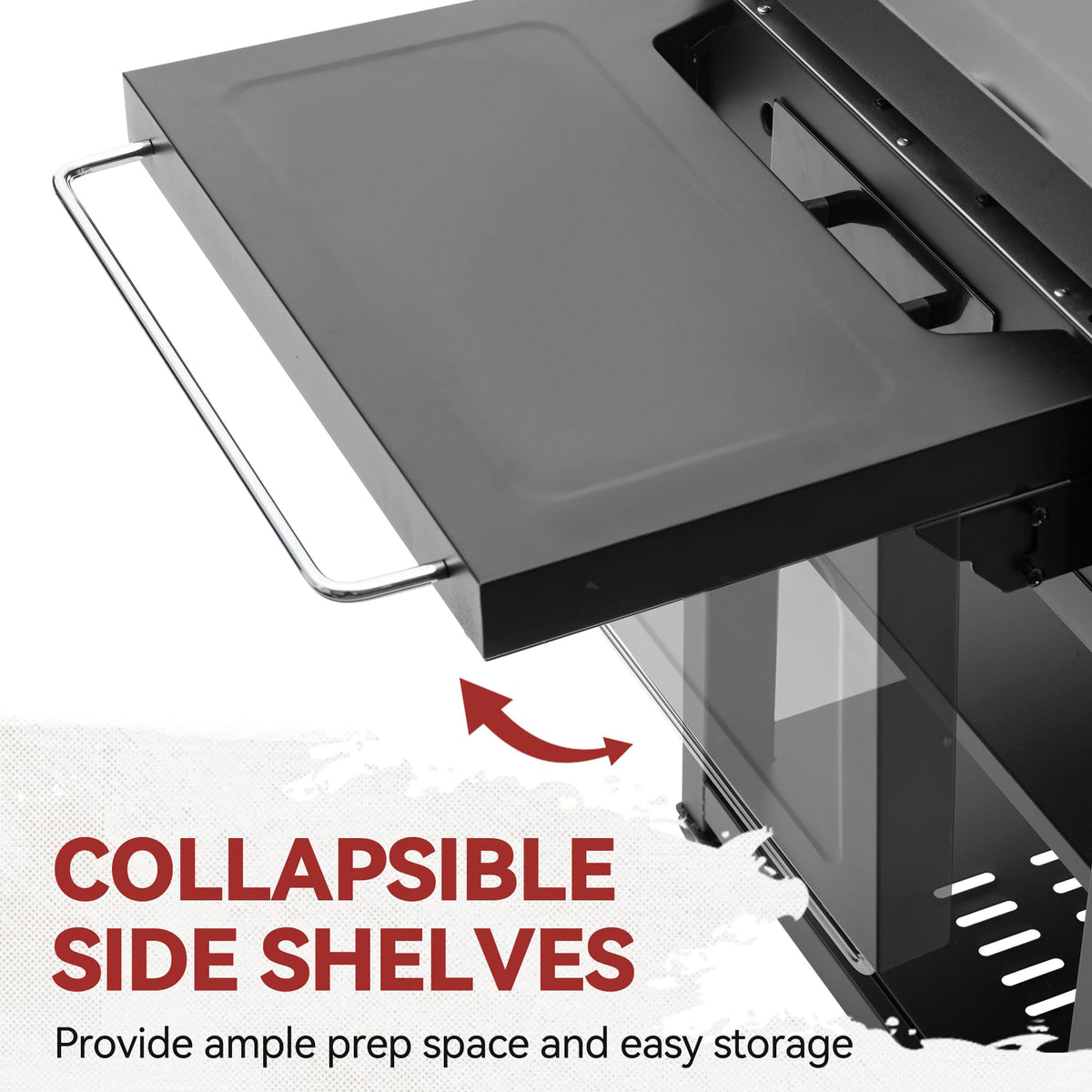Royal Gourmet GB6000 double-layer shelves for organized storage of utensils.