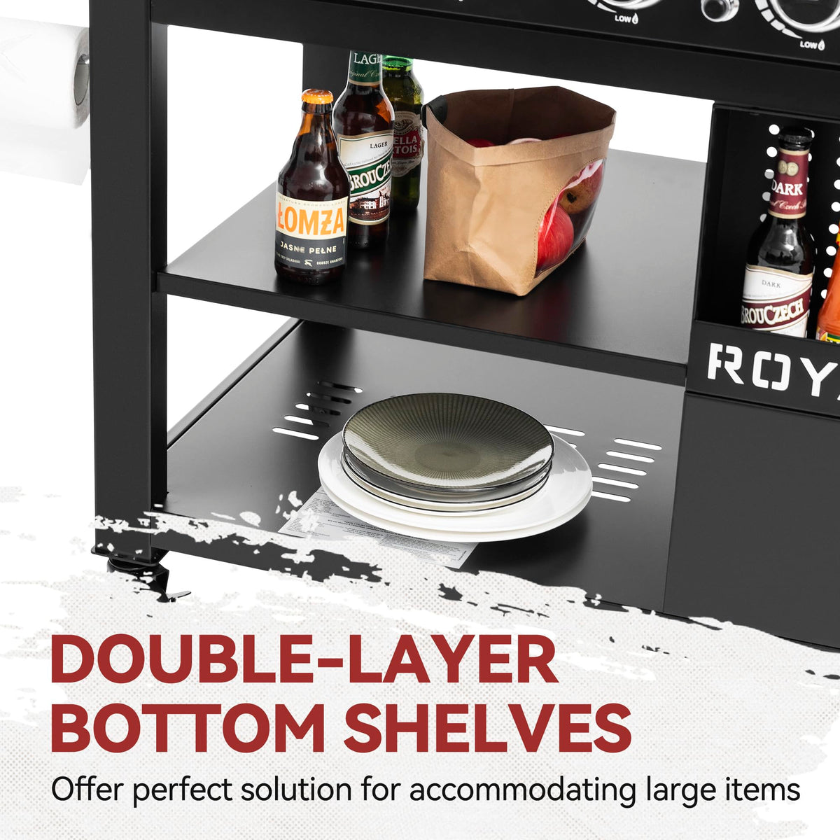 Royal Gourmet GB6000 knife hooks and prep accessories within reach.