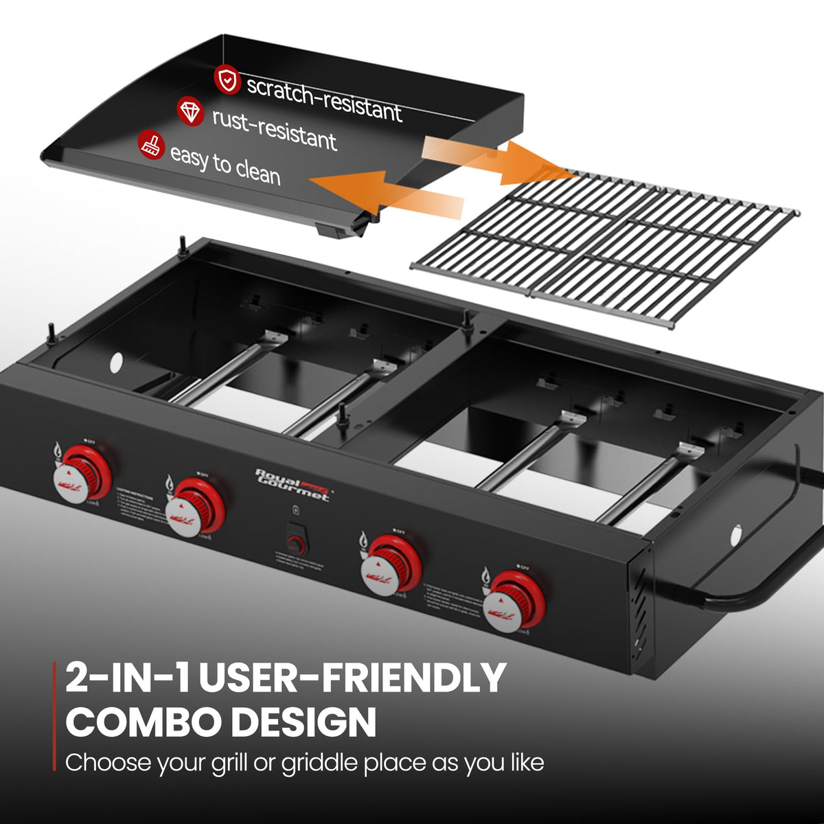 Royal Gourmet GD4002T 40,000 BTU burners deliver even heat across the cooking area.