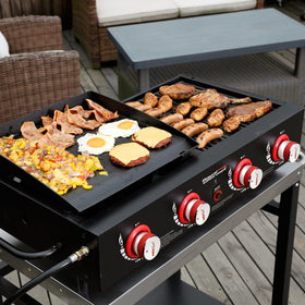 Close-up of control knobs on Royal Gourmet GD4002T showing independent burners for precise heat.