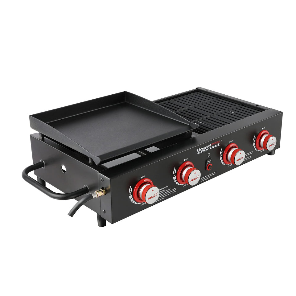 Royal Gourmet GD4002T grill and griddle combo in side view for versatile outdoor cooking.