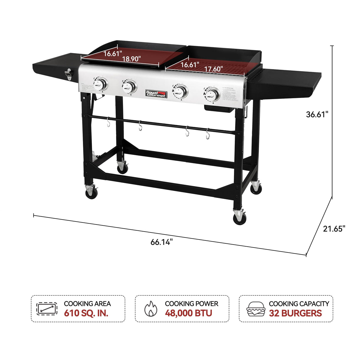 Royal Gourmet GD401C grill and griddle zones enable diverse dishes