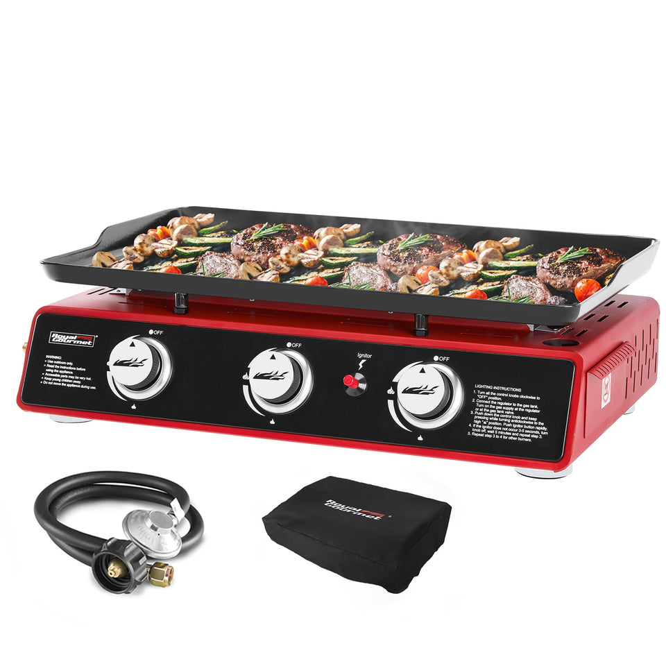 Royal Gourmet PD1301R 3-burner tabletop griddle for outdoor cooking.