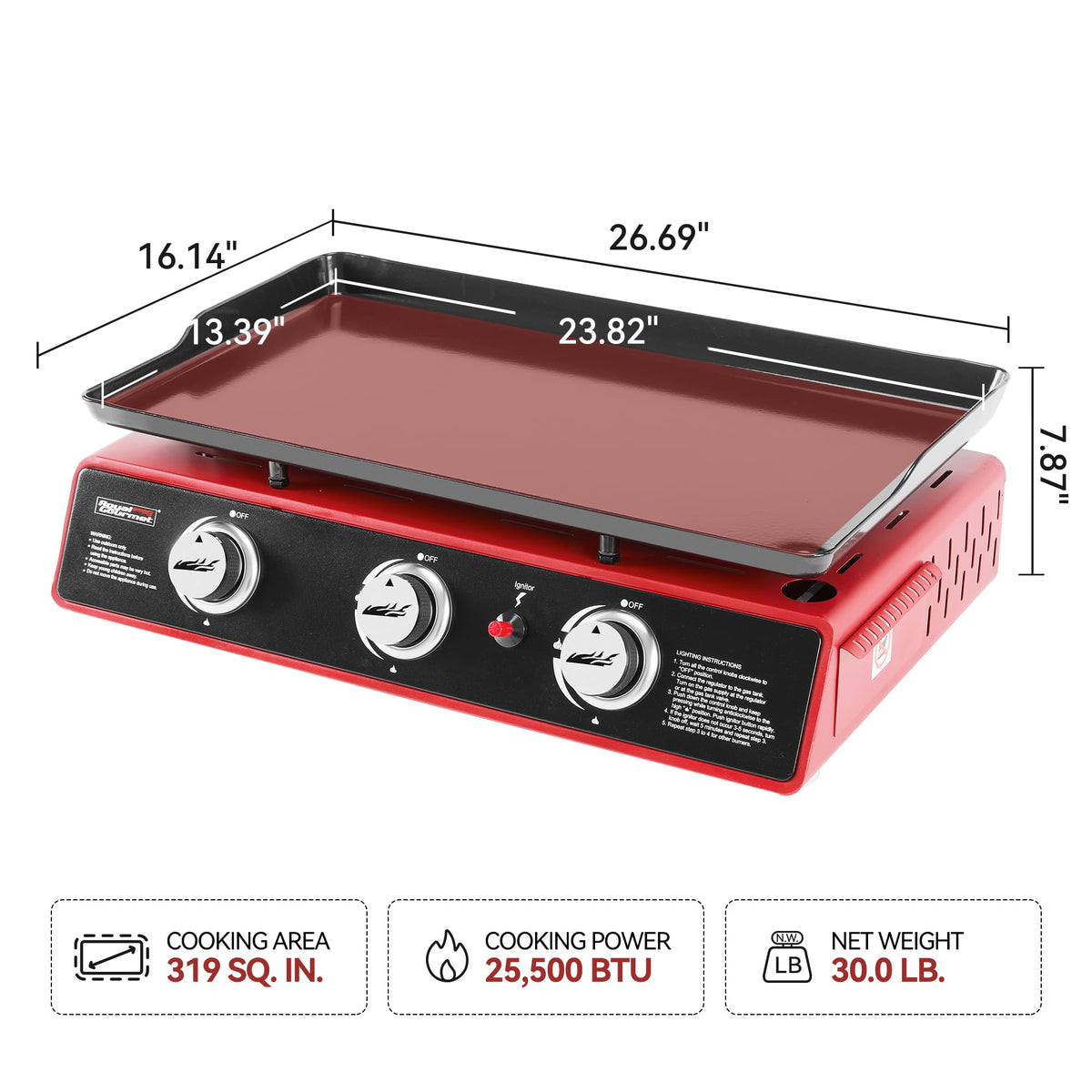 316 square inch cooking surface on the Royal Gourmet griddle for family meals.