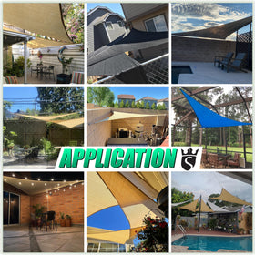 Royal Shade installation setup showing flexible mounting to trees or walls.