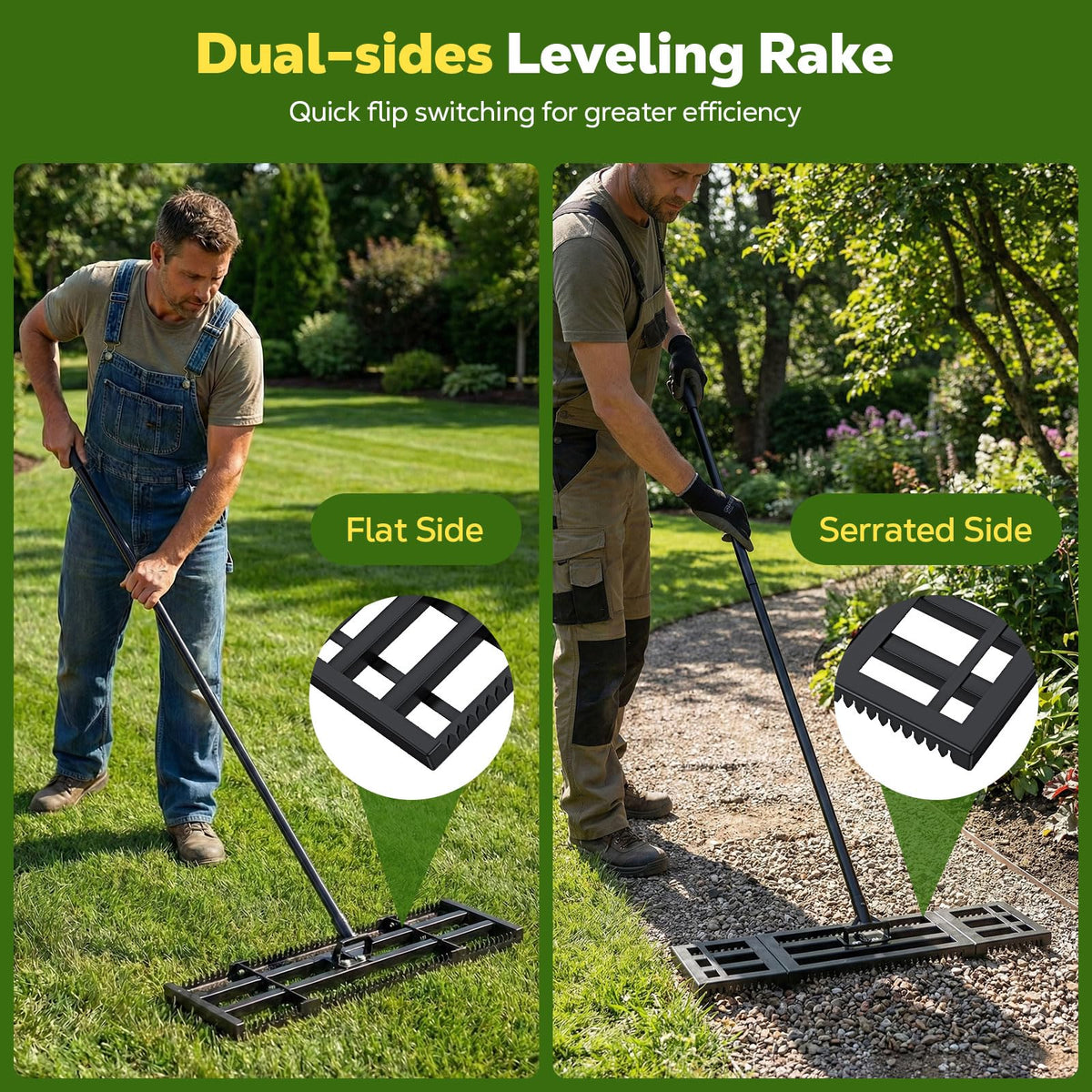 Extended 78-inch handle on the Roylvan rake for comfortable operation