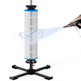 ROYOR pool filter cleaner stand, front view, enables quick upright cleaning.