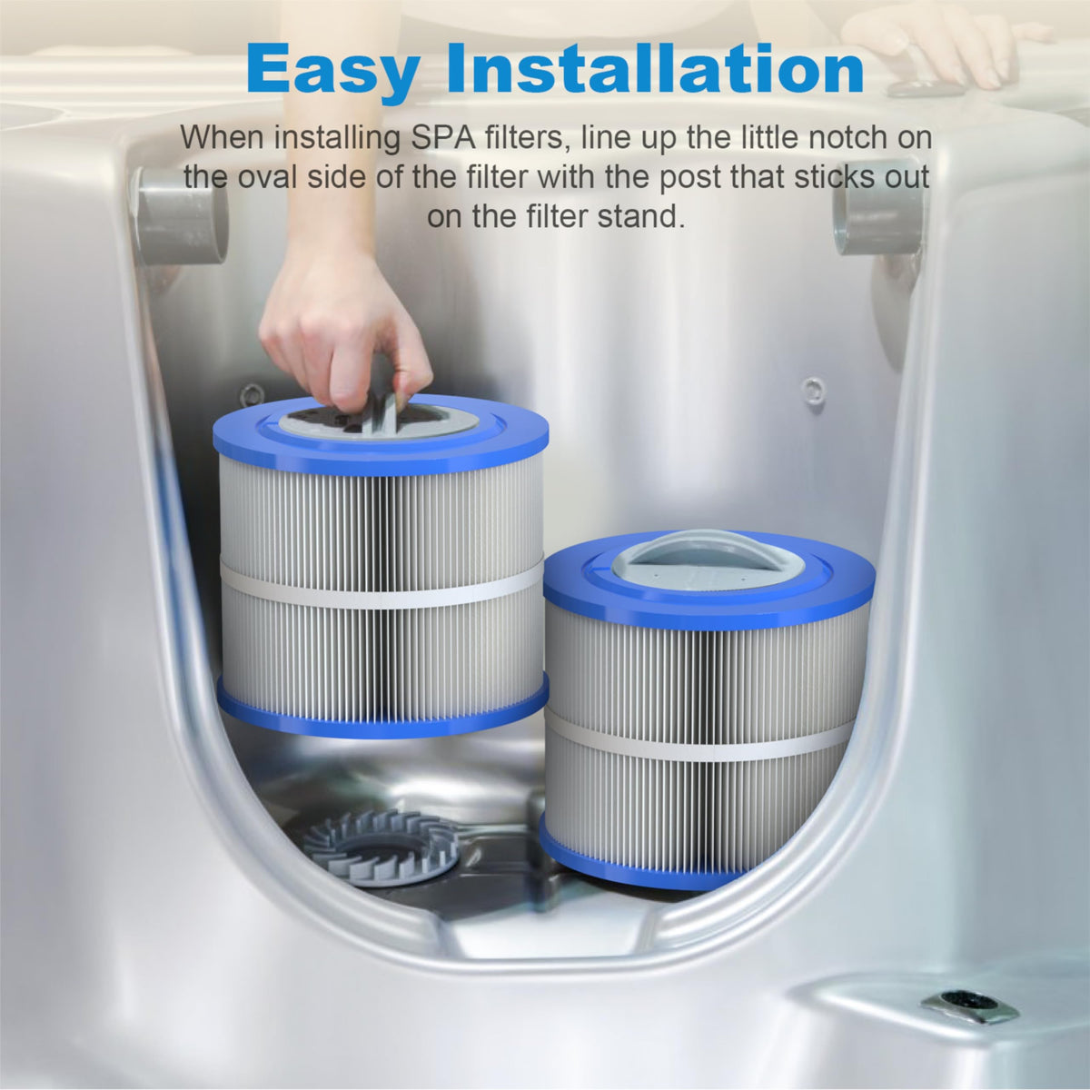 ROYOR Wellspring filter bottom hole close up demonstrates stable seating in spa housing