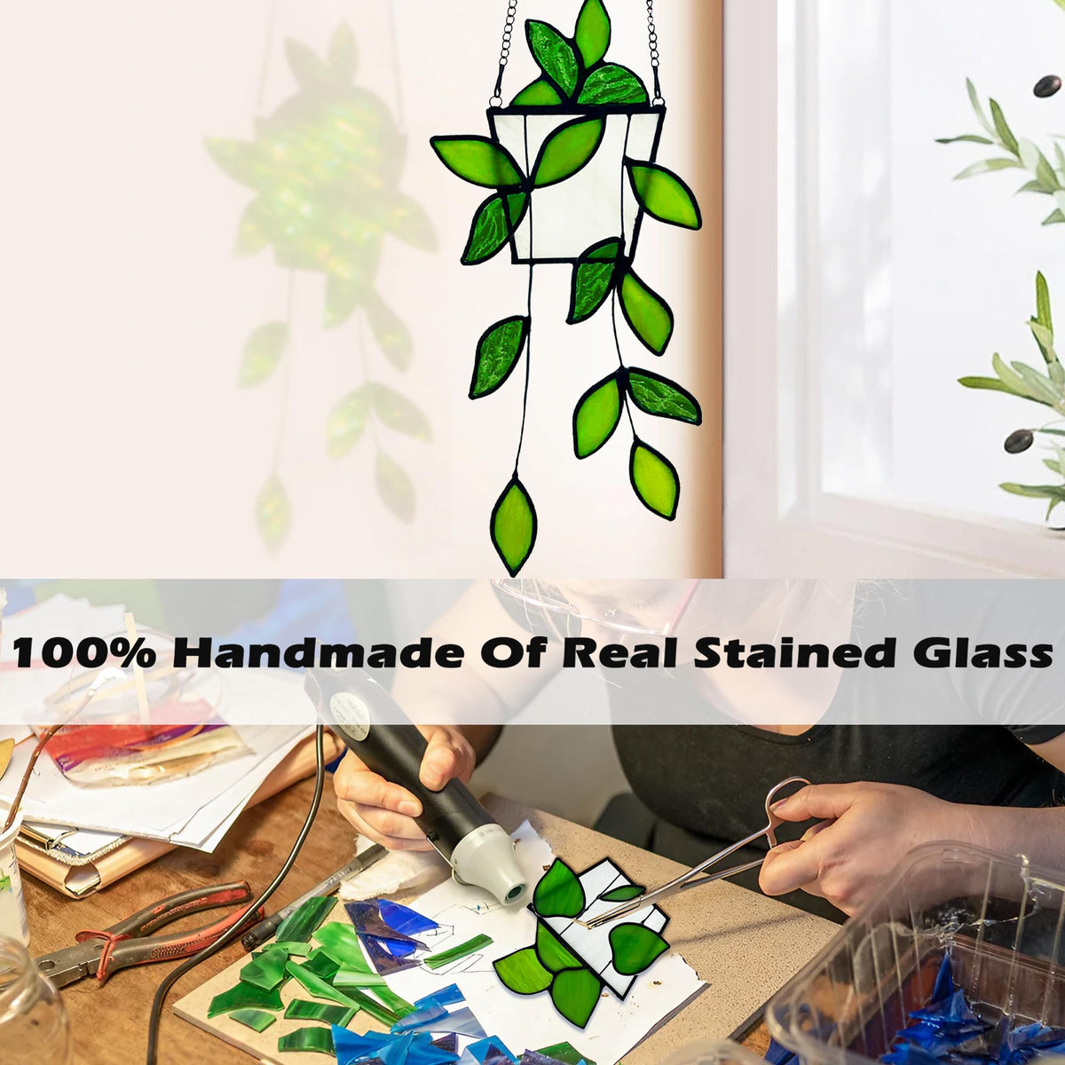 Royxen sunlit-glass-suncatcher reflects shifting greens in daylight.