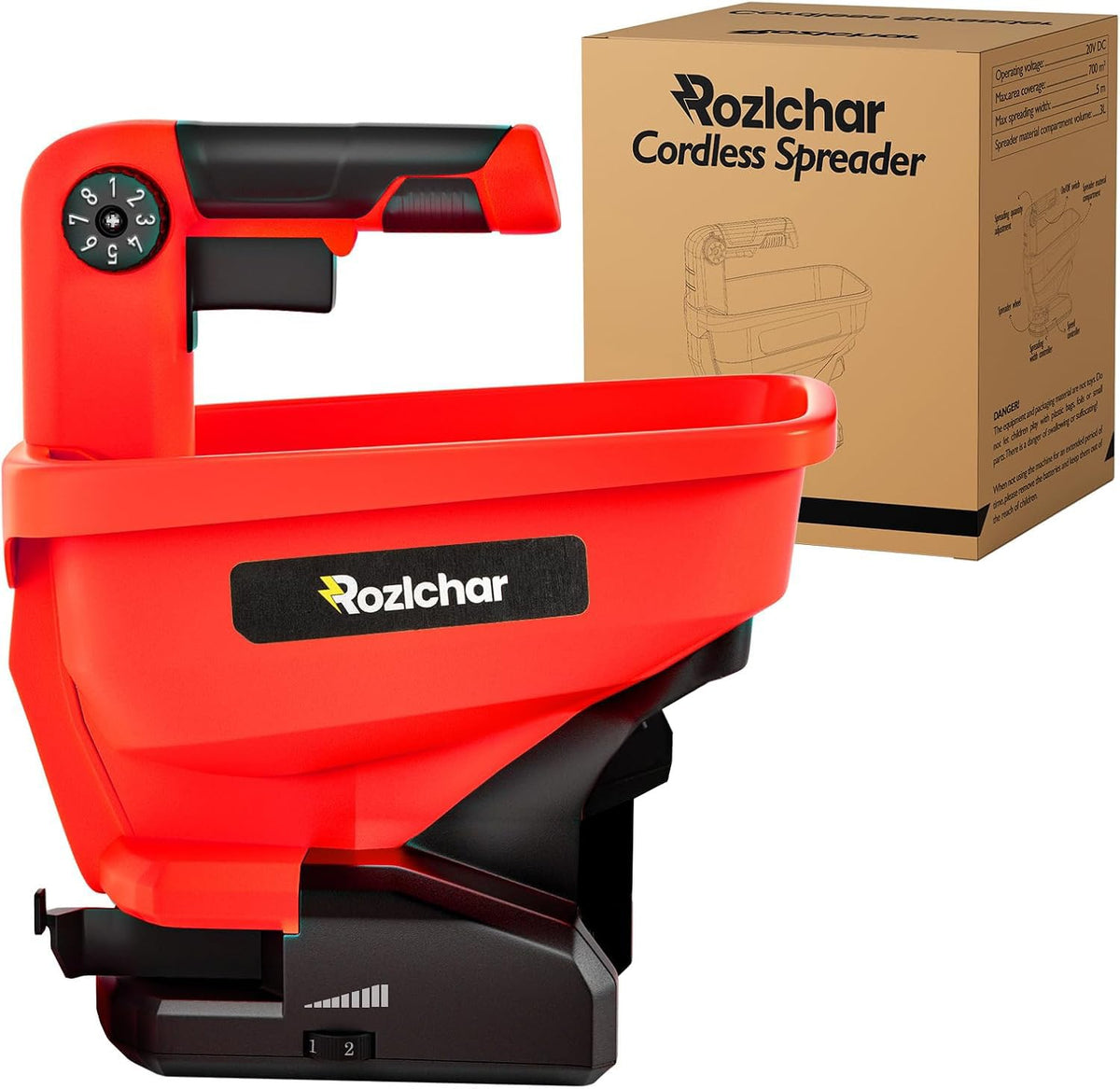 Rozlchar power spreader with Milwaukee 18V battery for even lawn coverage