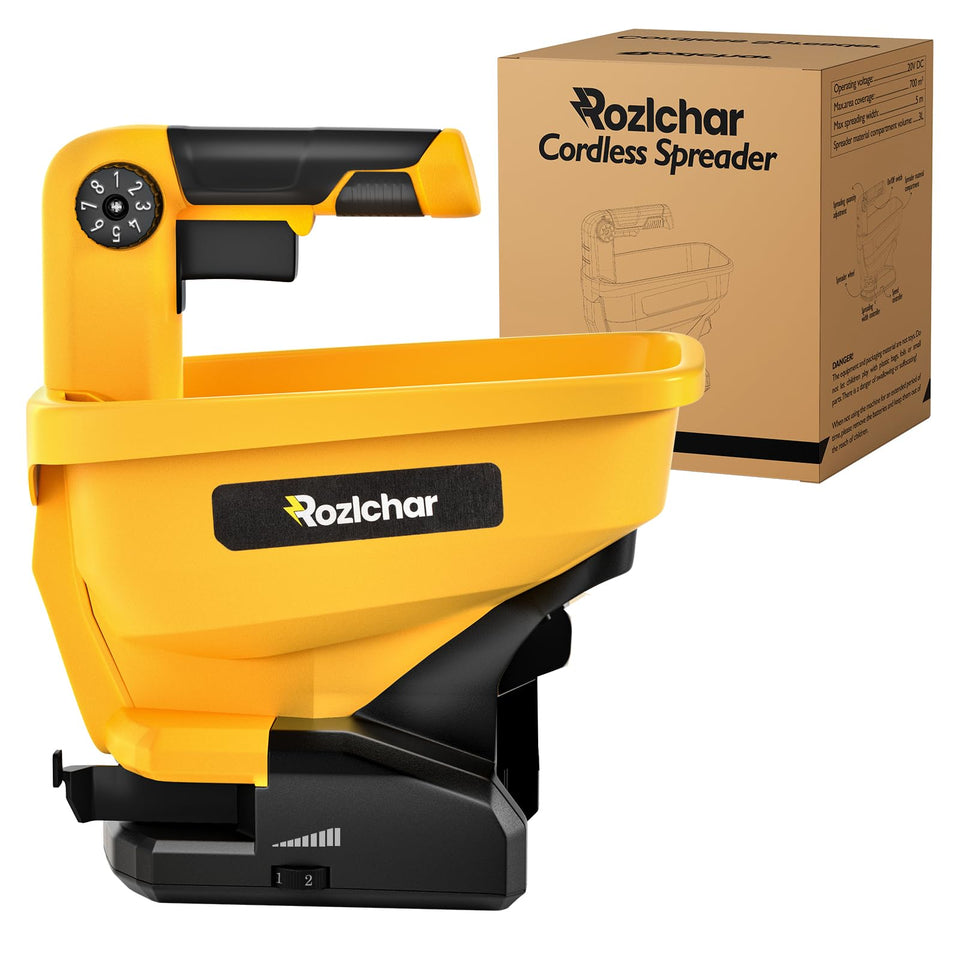 Rozlchar Power Spreader on lawn showing a wide 180-degree swath for even coverage