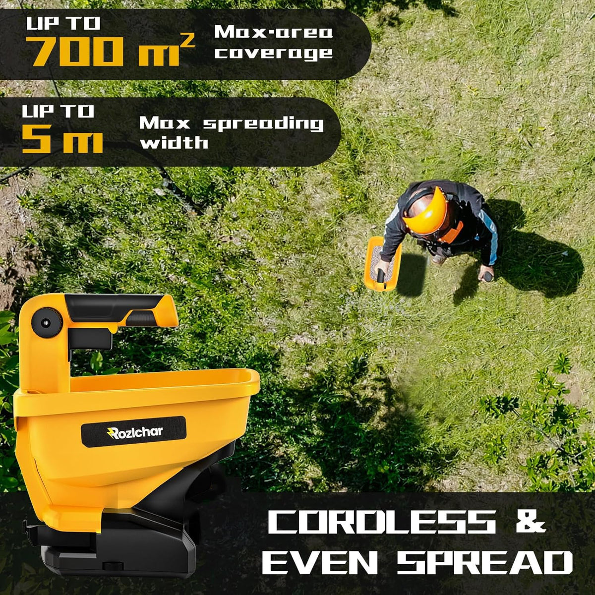 Rozlchar spreader with dial settings enable precise release for diverse lawn needs