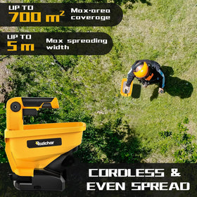 Rozlchar spreader with dial settings enable precise release for diverse lawn needs