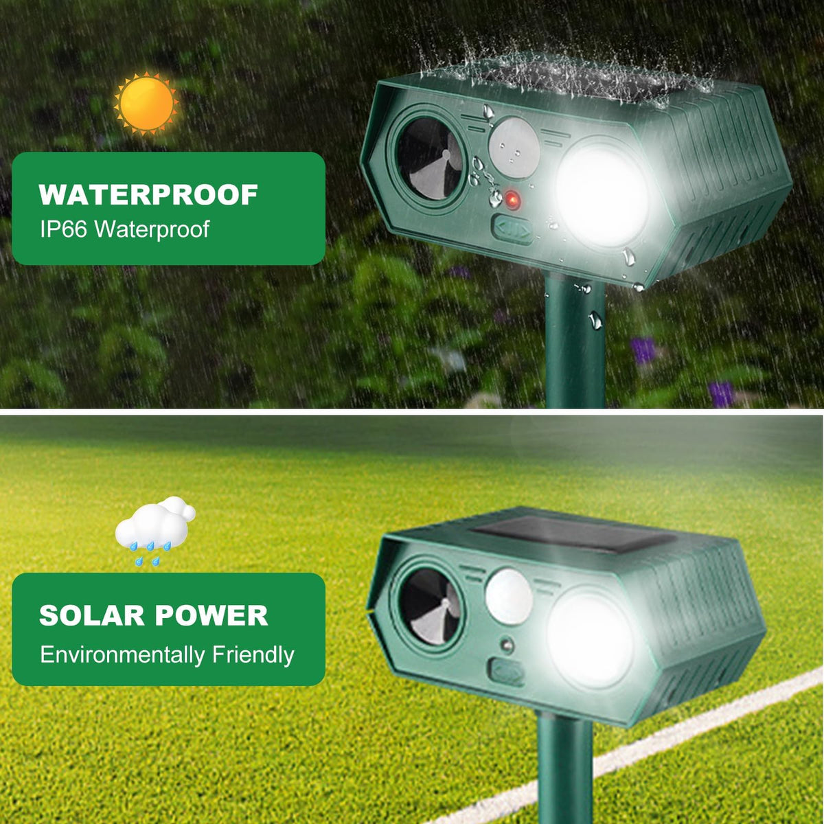 RQQN Solar Animal Repellent installation shot shows quick setup with ground stake