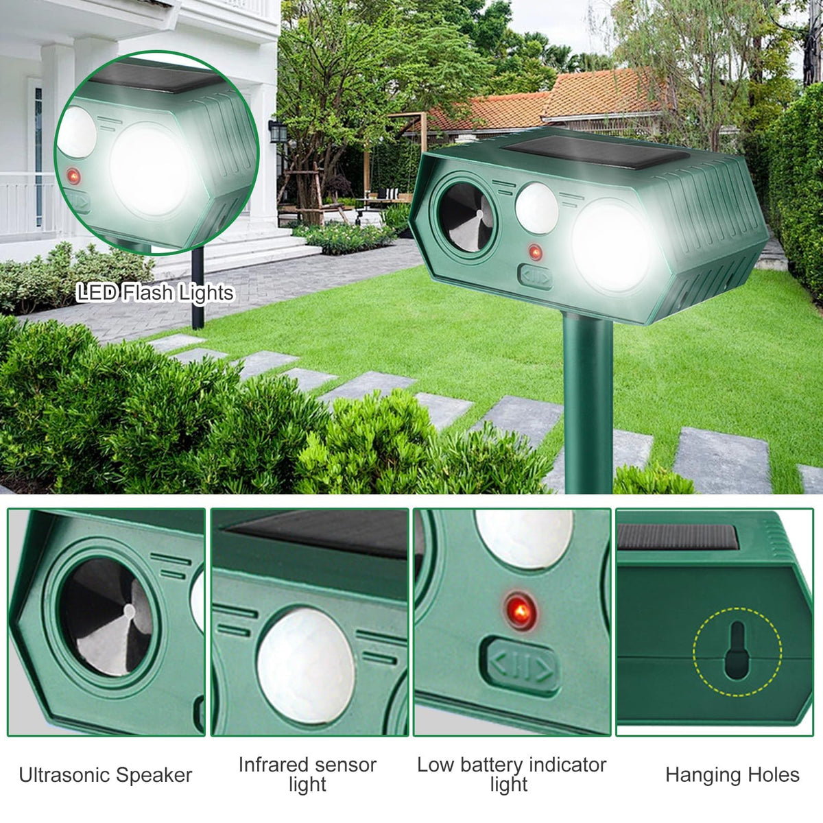 RQQN Solar Animal Repellent side view highlights simple installation near fences