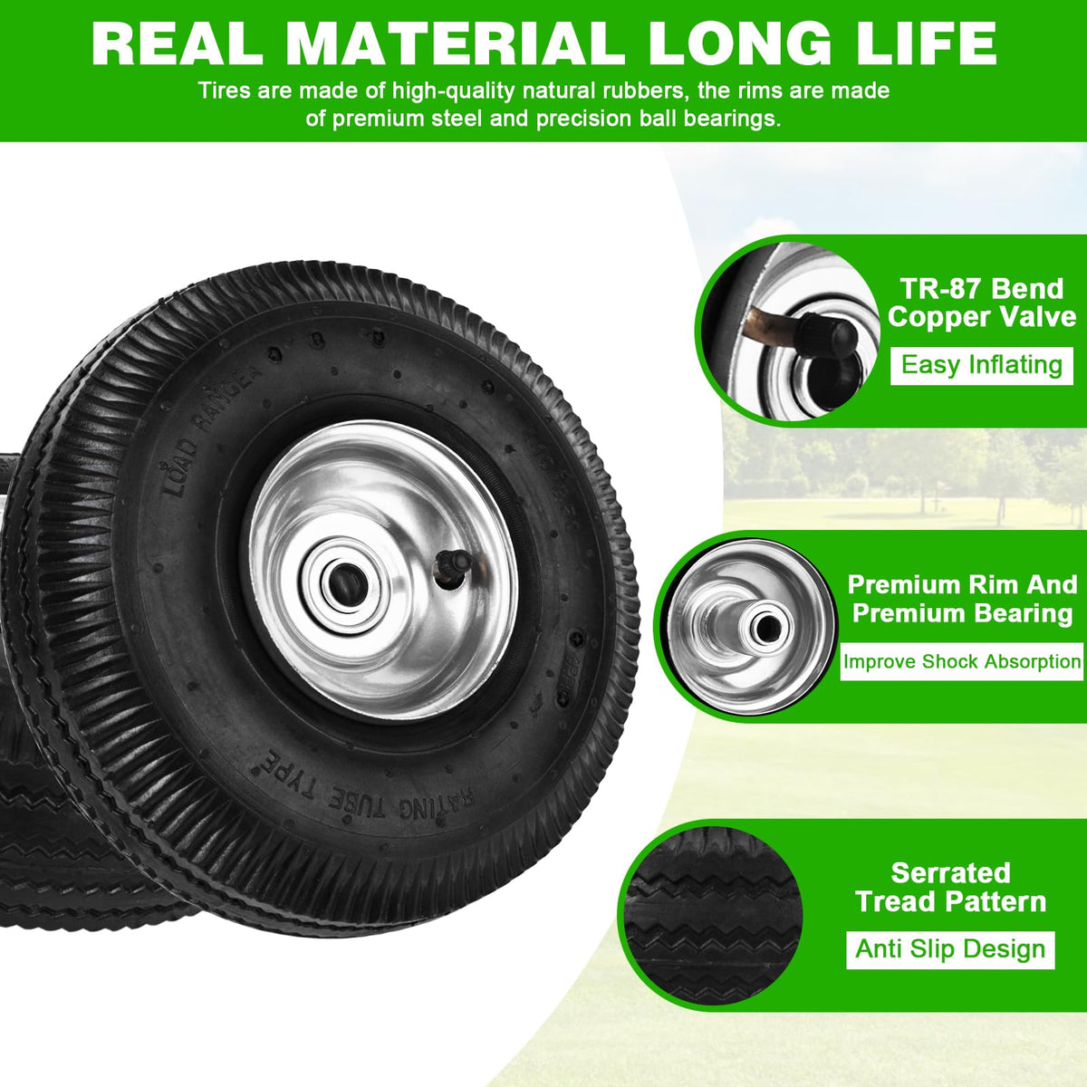 RRQ wheel supports up to 300 lbs per wheel for outdoor tasks.