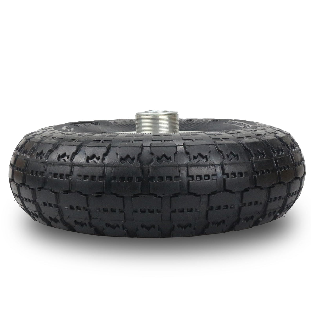 RRQ 10-inch pneumatic wheel top view showing strong hub and bearings for long service.