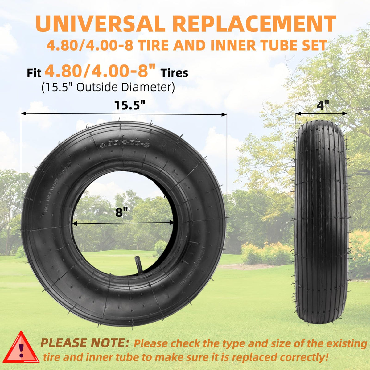 RRQ 4.80/4.00-8 tread detail highlighting ribbed pattern to protect turf