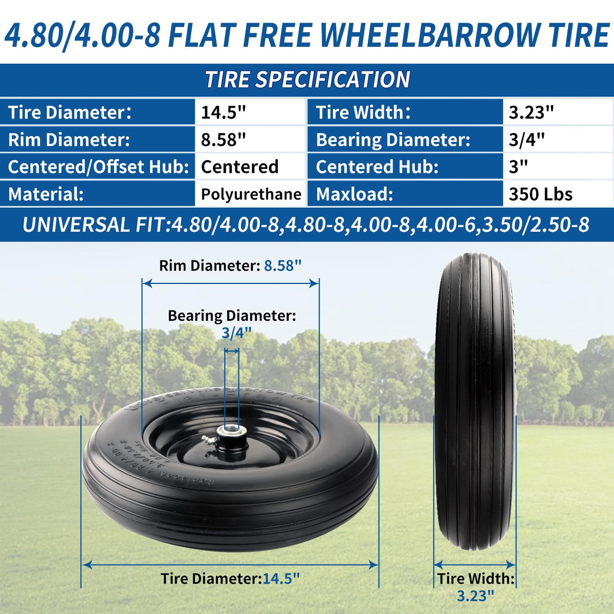 RRQ solid polyurethane 4.80-4.00-8 tire demonstrating puncture proof design