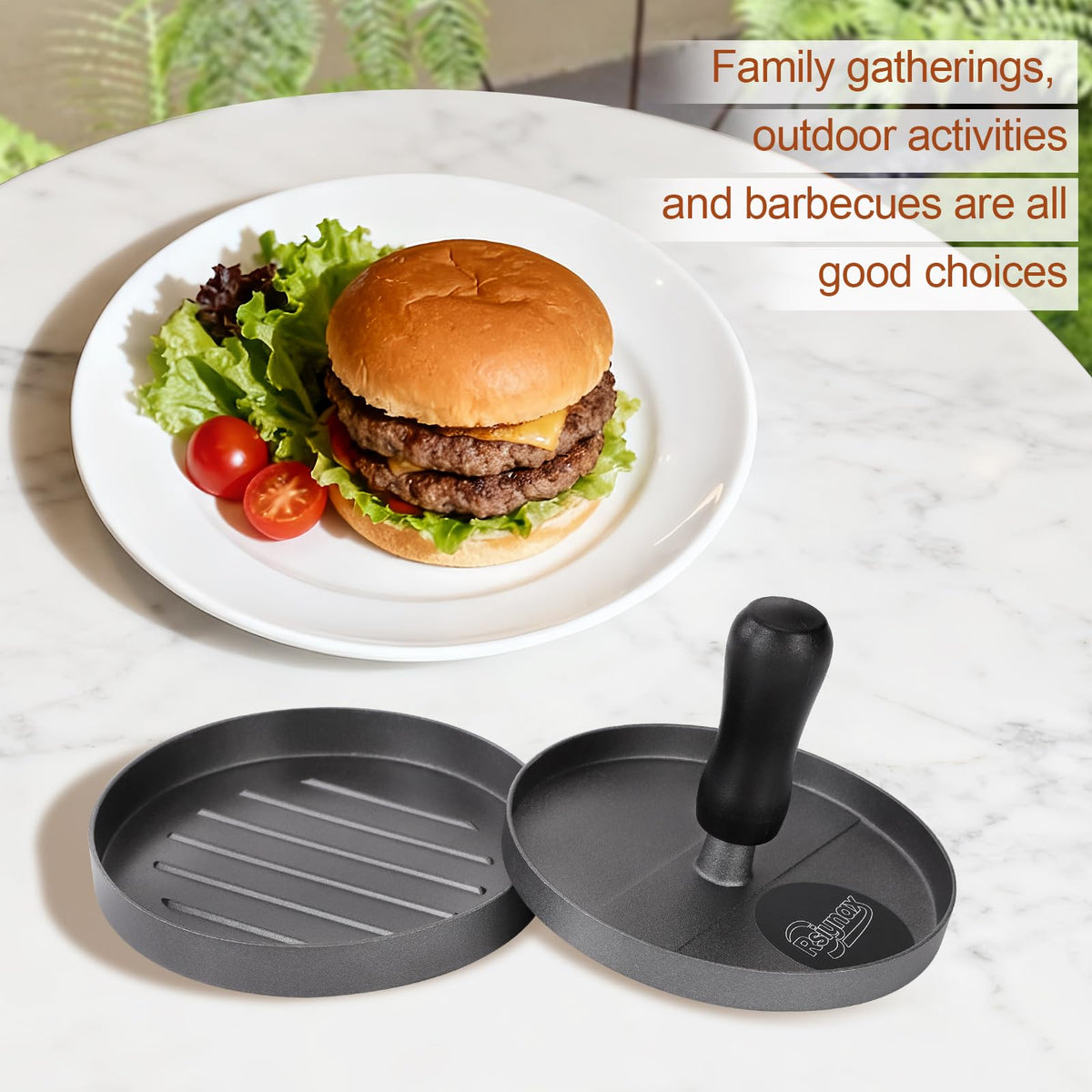 Rsiynax burger press on a backyard grill with even grooves and sear marks