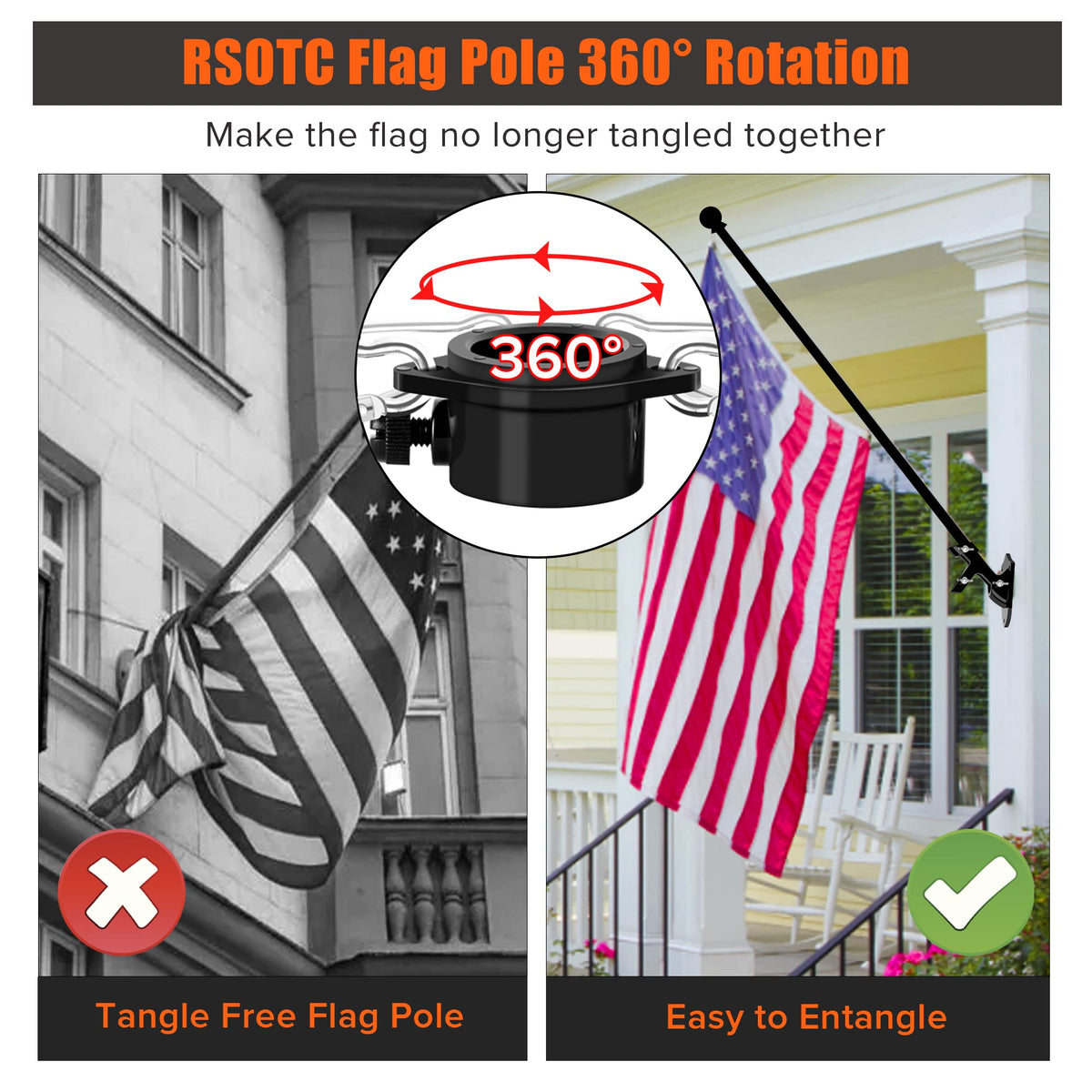 RSOTC flag pole with 360-degree anti-wrap rings for tangle-free flags.