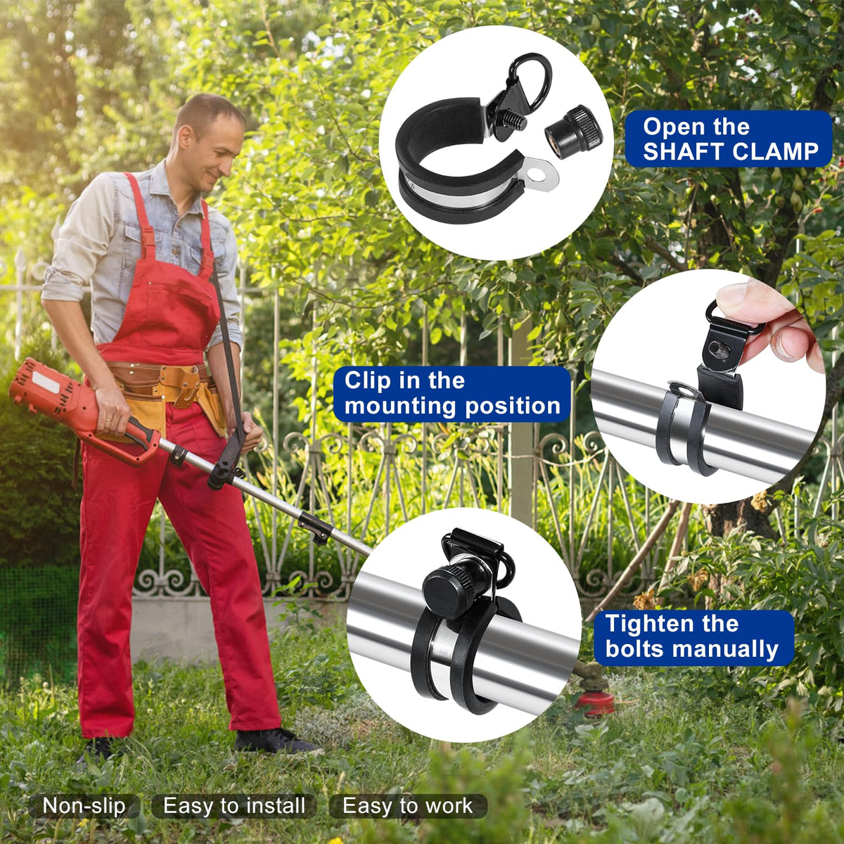 RTHIEAI multi-compatibility-strap fits weed eaters, leaf blowers, and hedge trimmers.