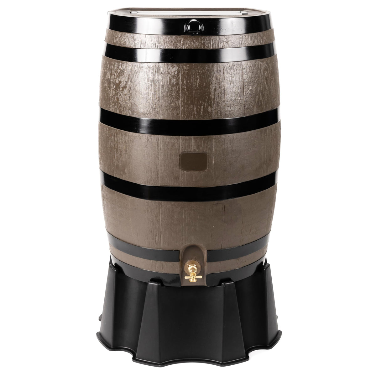 RTS Home Accents rain barrel with flat-back against a wall for space saving.