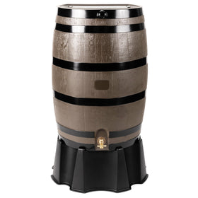 RTS Home Accents rain barrel with flat-back against a wall for space saving.