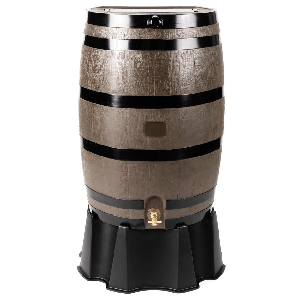 RTS Home Accents rain barrel with flat-back against a wall for space saving.