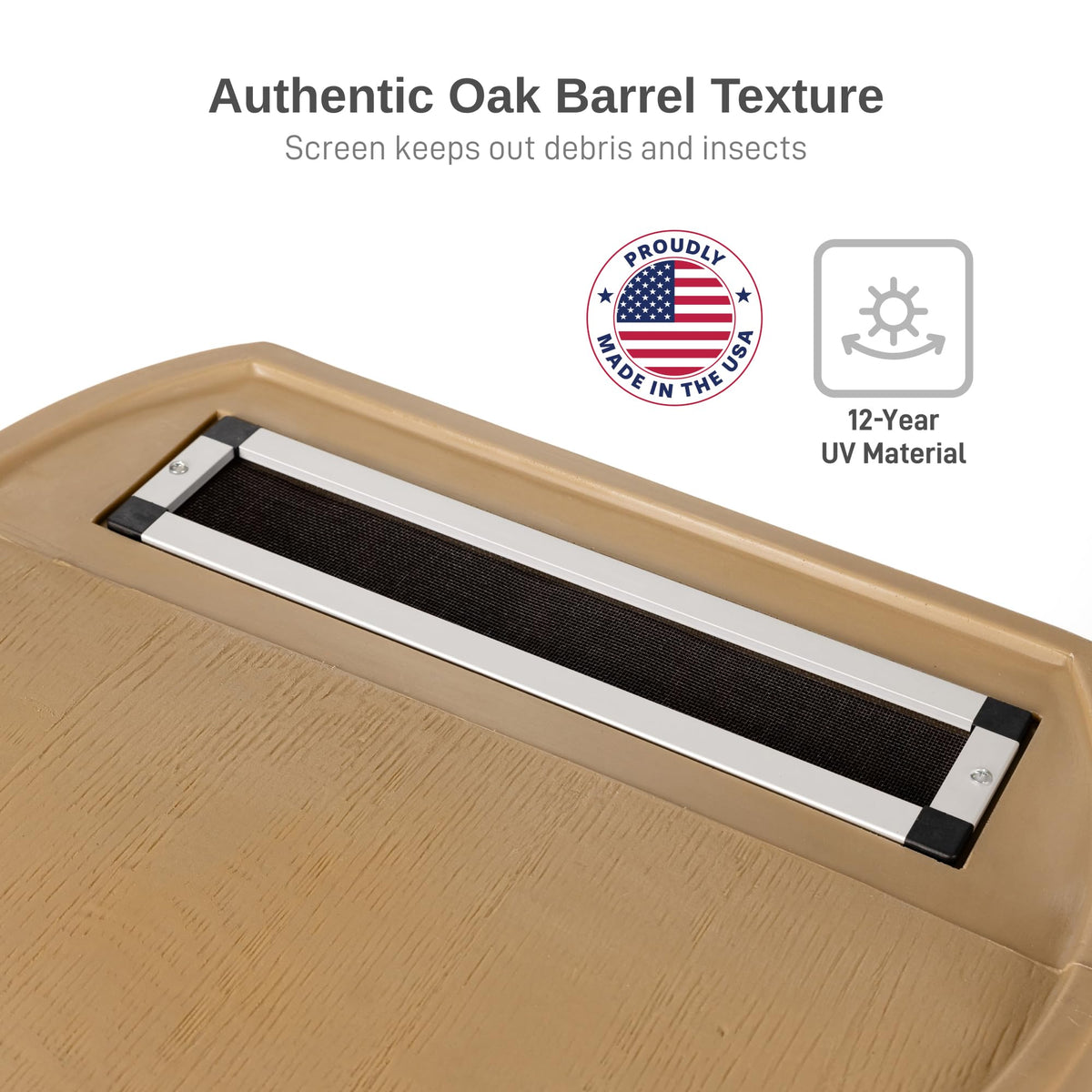 RTS Home Accents flat back design keeps the rain barrel snug against walls.