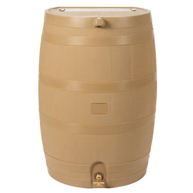 RTS Home Accents rain barrel with oak texture and brass spigot for garden irrigation.