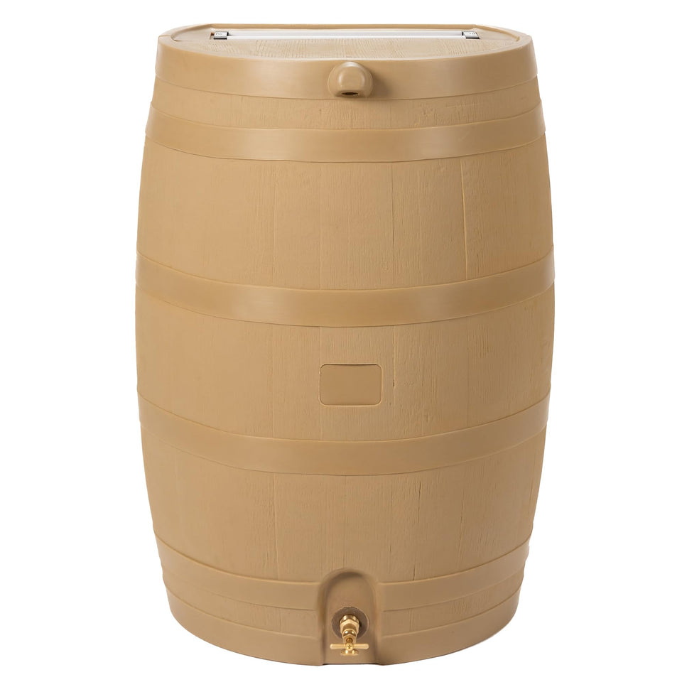 RTS Home Accents rain barrel with oak texture and brass spigot for garden irrigation.