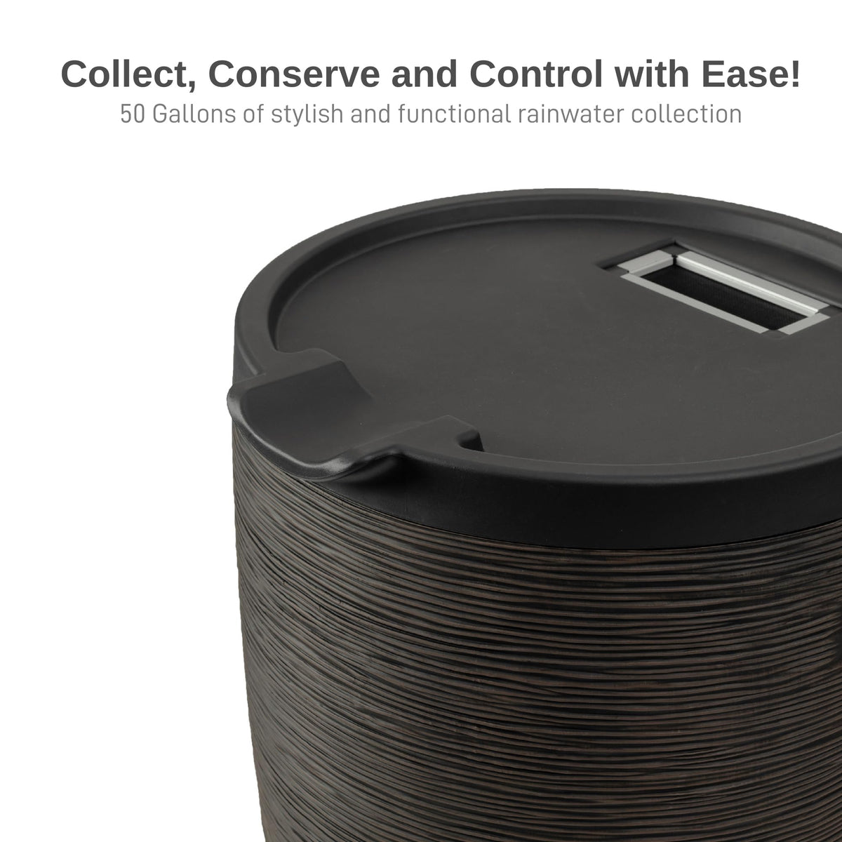 Newport rain barrel on stand raises the spigot for easy filling.