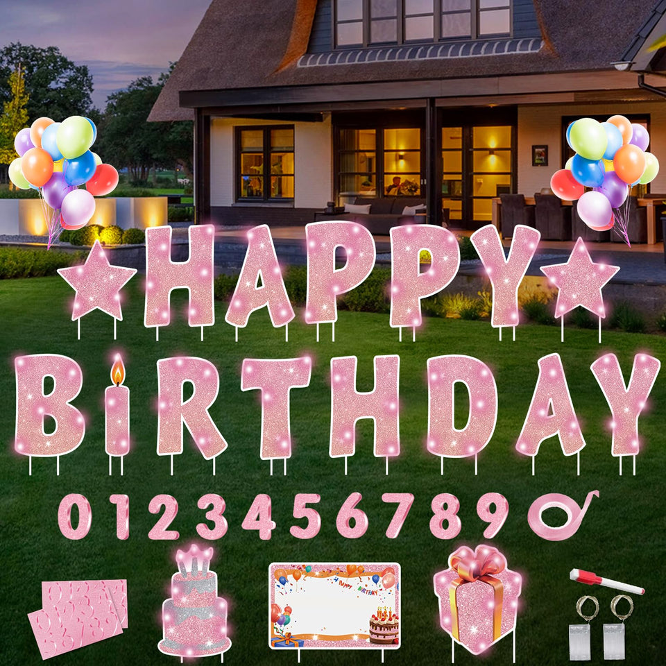 Rtshuok rose gold Happy Birthday yard sign glowing for outdoor celebrations.
