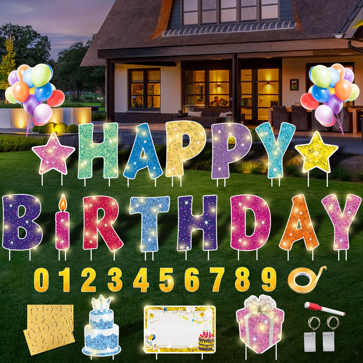 Rtshuok Happy Birthday yard sign with stakes for outdoor celebrations.
