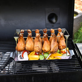 RTT chicken drumstick rack with drip tray keeps drippings contained and flavor rich.