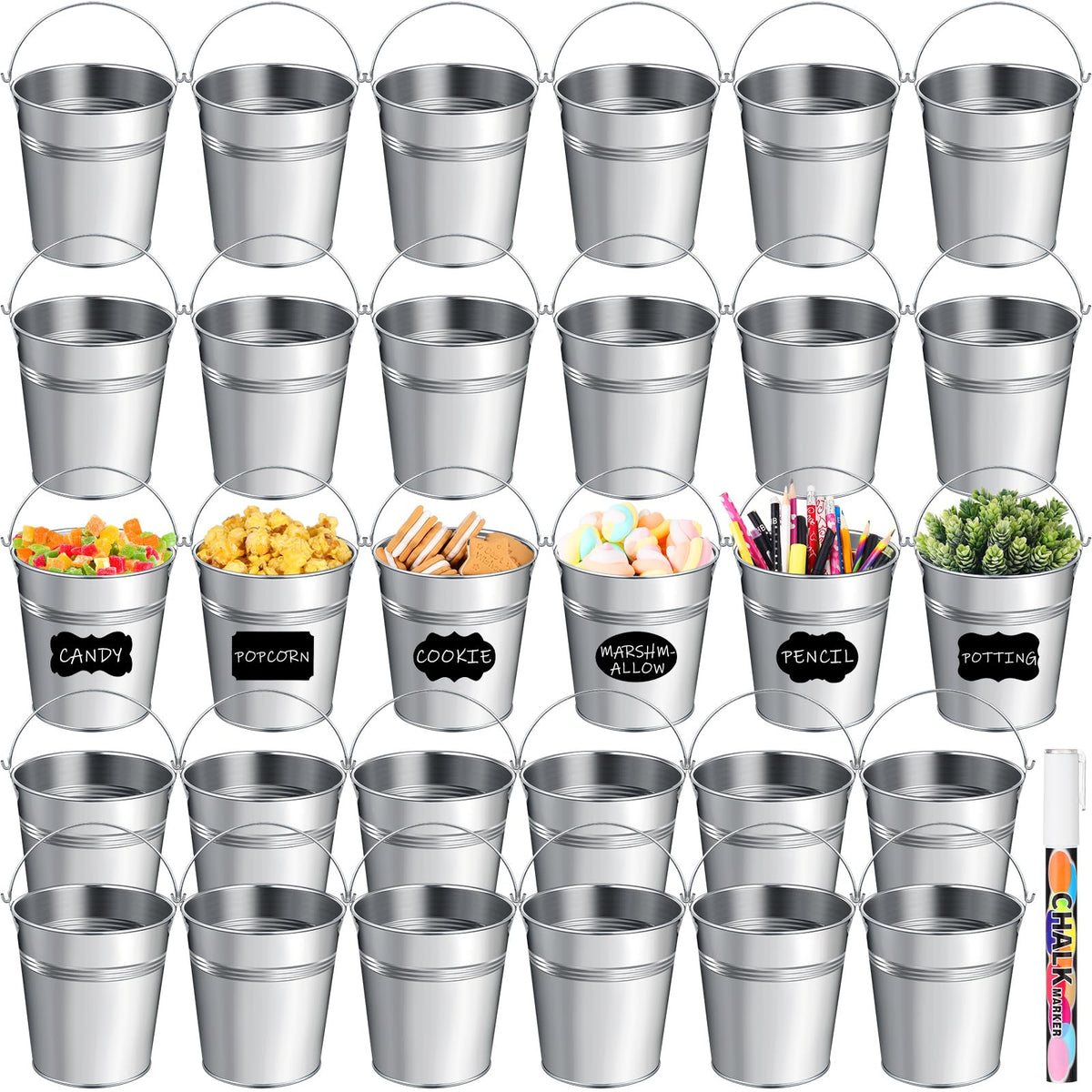 Rtteri 30-pcs small galvanized buckets with handles for organized display and storage.