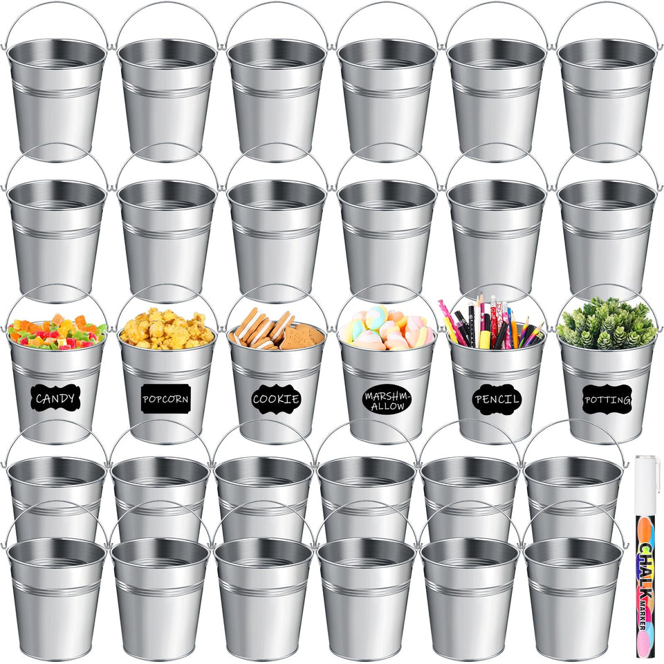 Rtteri 30-pcs small galvanized buckets with handles for organized display and storage.