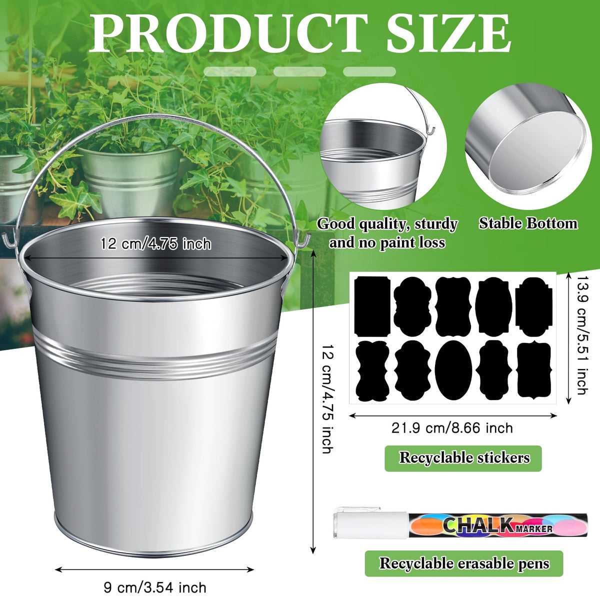 Rtteri chalkboard labels on galvanized buckets for quick labeling.