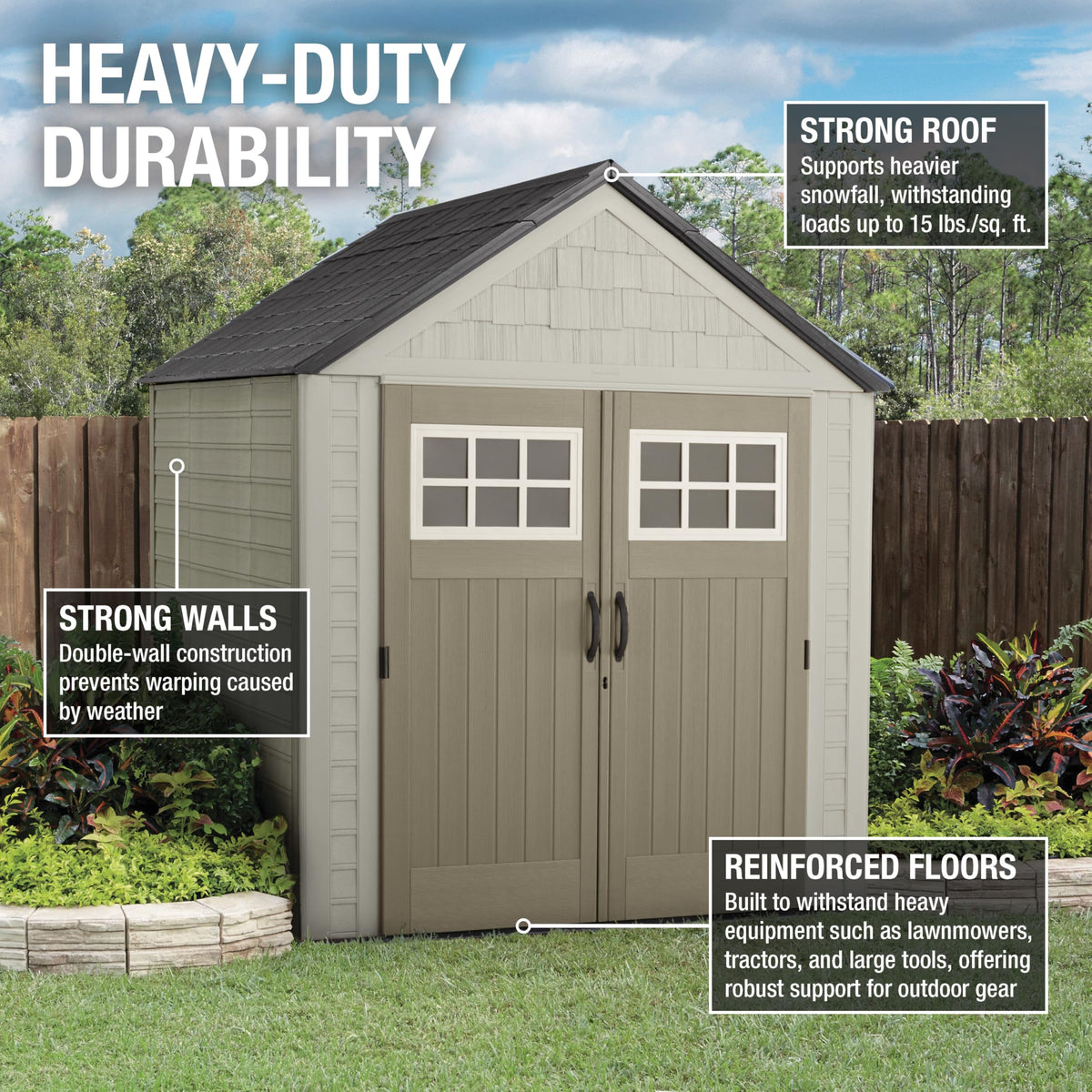 Rubbermaid shed with doors open showing 180-degree access for large items.