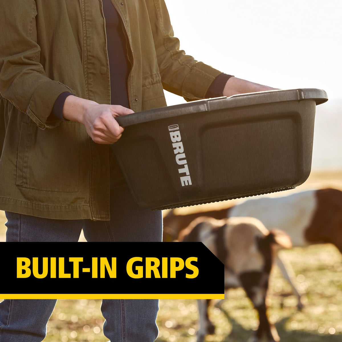 Rubbermaid Brute 6-gallon feeder stacked for space-saving storage on the farm