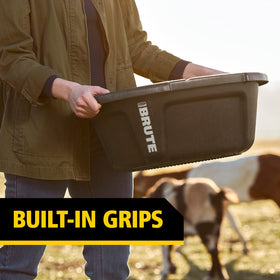 Rubbermaid Brute 6-gallon feeder stacked for space-saving storage on the farm