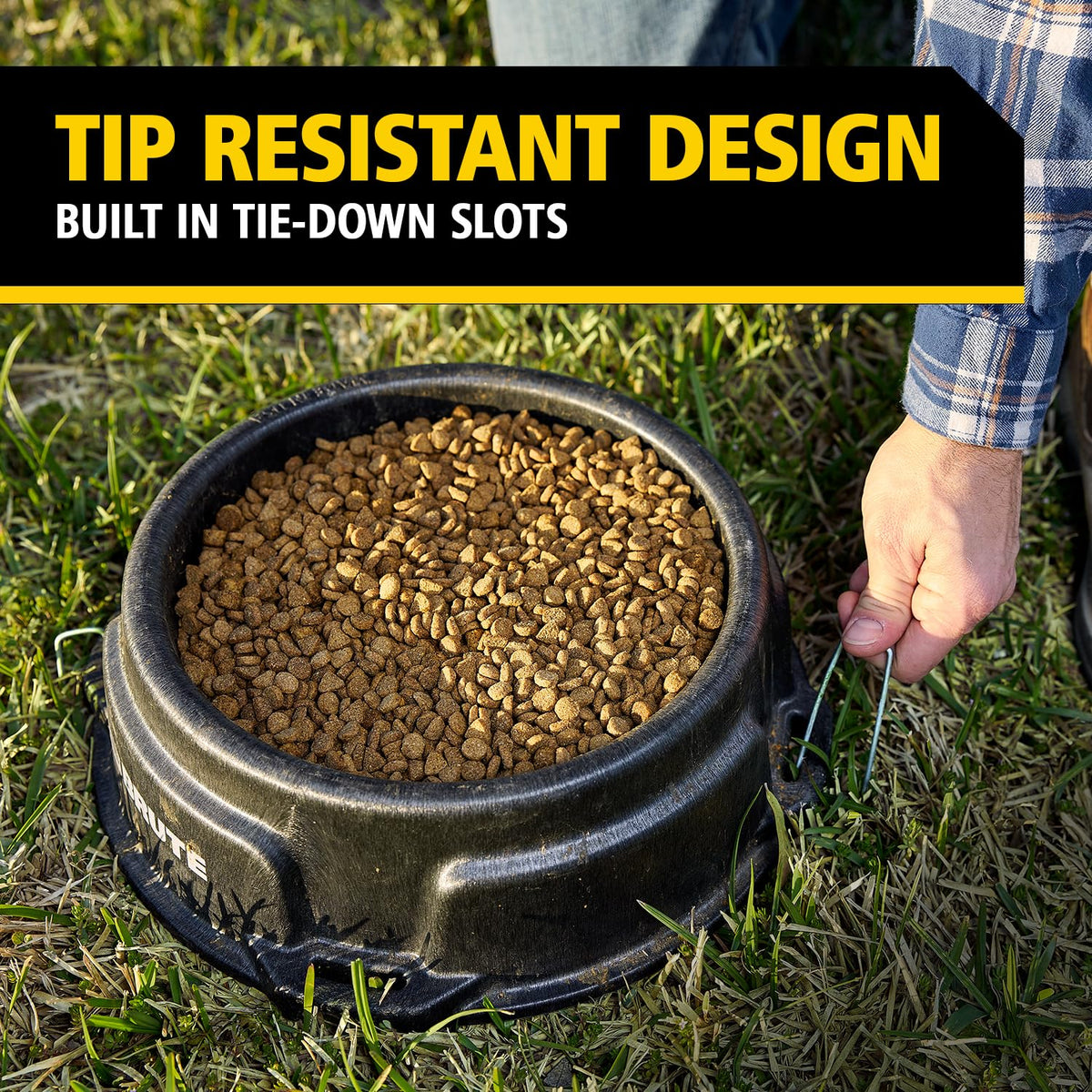 Rubbermaid Brute feeder is weather and corrosion resistant for outdoor farm use.