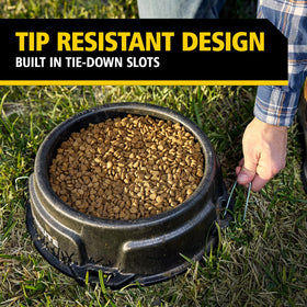 Rubbermaid Brute feeder is weather and corrosion resistant for outdoor farm use.