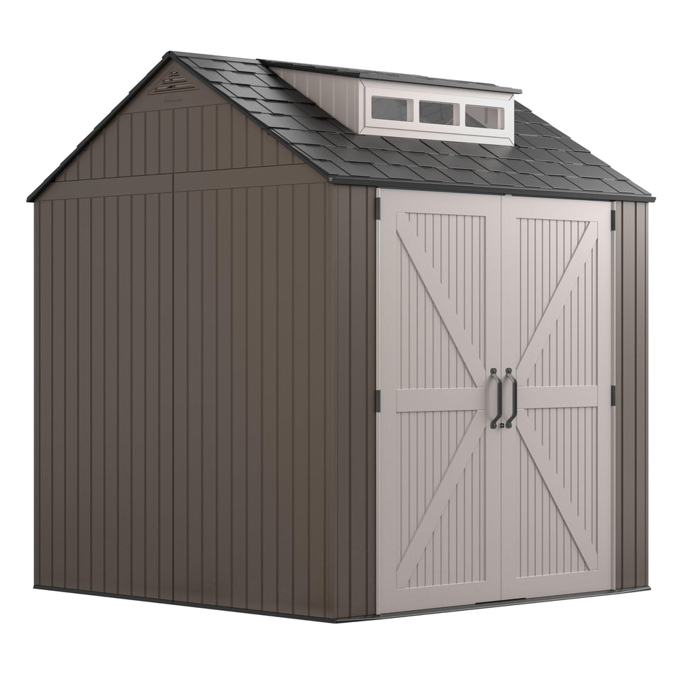 Rubbermaid large resin outdoor shed with floor keeps tools organized and dry.
