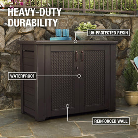 Rubbermaid Patio Chic Cabinet UV-resistant resin resists fading outdoors
