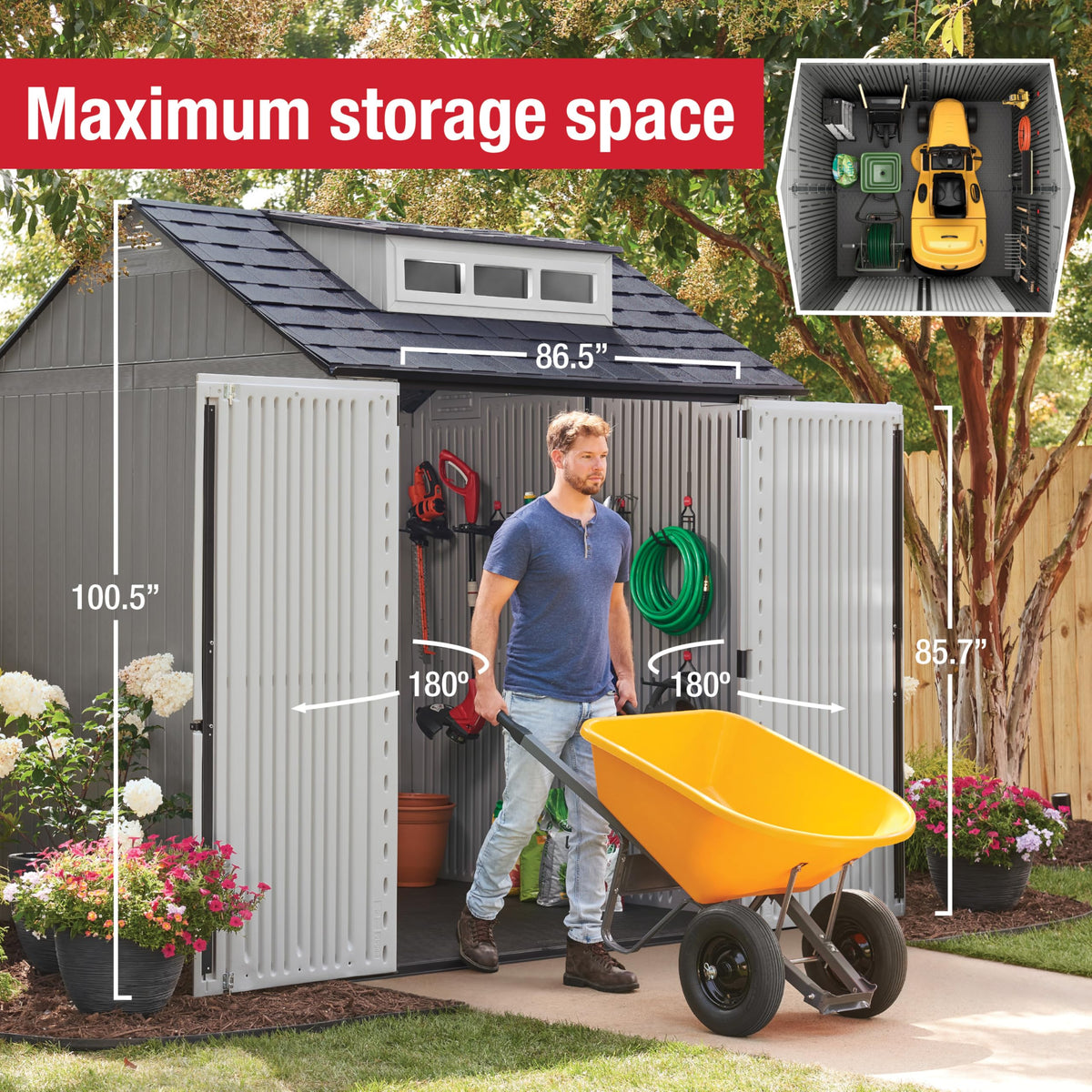 Rubbermaid Resin Outdoor Storage Shed rain gutter helps manage water during storms.