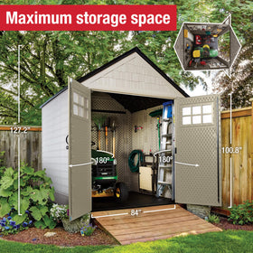 Heavy-duty roof support on Rubbermaid shed suitable for snow load.
